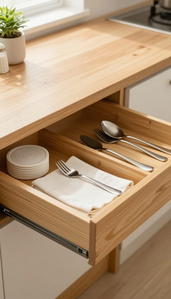 Open kitchen table drawer with bamboo divided inserts holding cutlery, coasters, and napkins, natural light, clean surface.