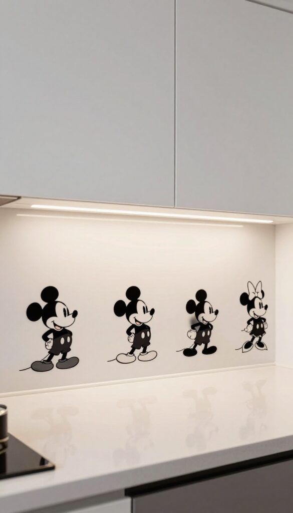 Under-cabinet silhouette decals of Disney characters in a bright kitchen with warm lighting