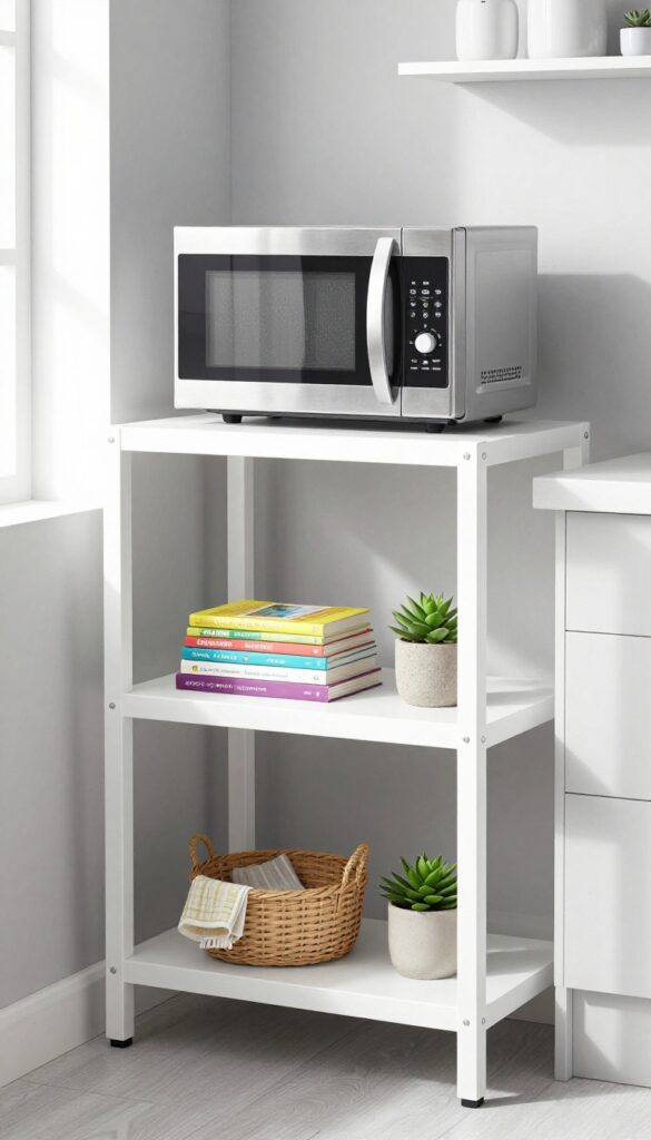 A two-tier shelf cart in a bright kitchen with a microwave on top and cookbooks and a basket below.