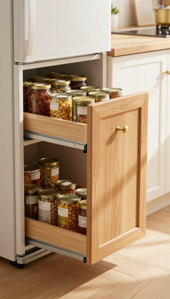 Pull-out pantry drawer between fridge and wall, filled with organized canned goods