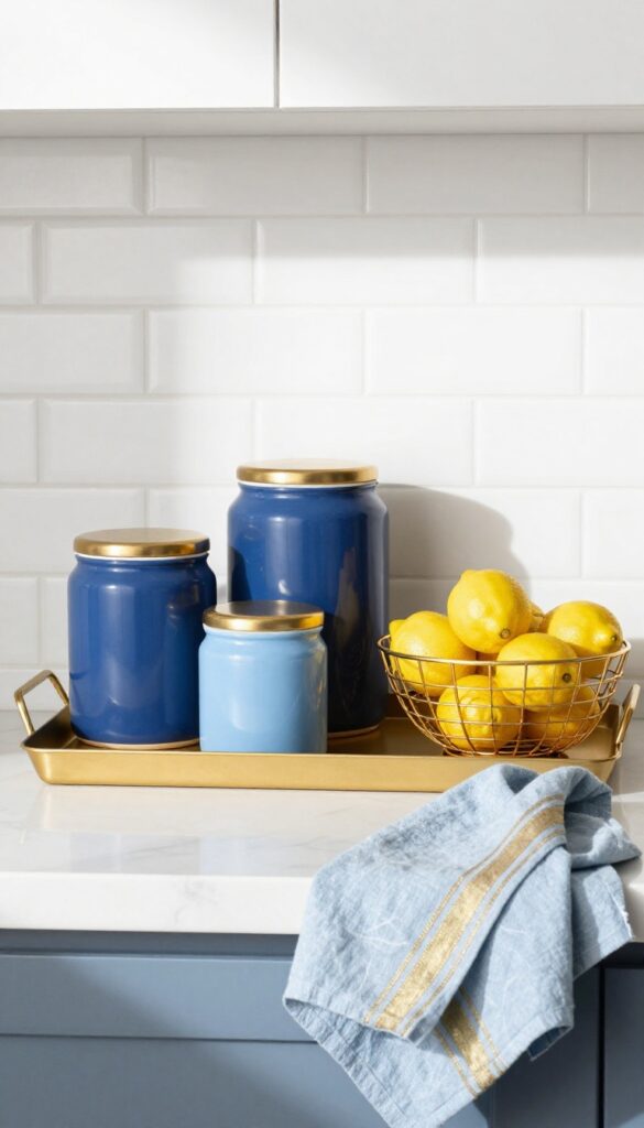 Blue and gold kitchen accessories on a marble countertop including ceramic canisters with brass lids, a gold wire fruit bowl, and a blue striped linen towel.