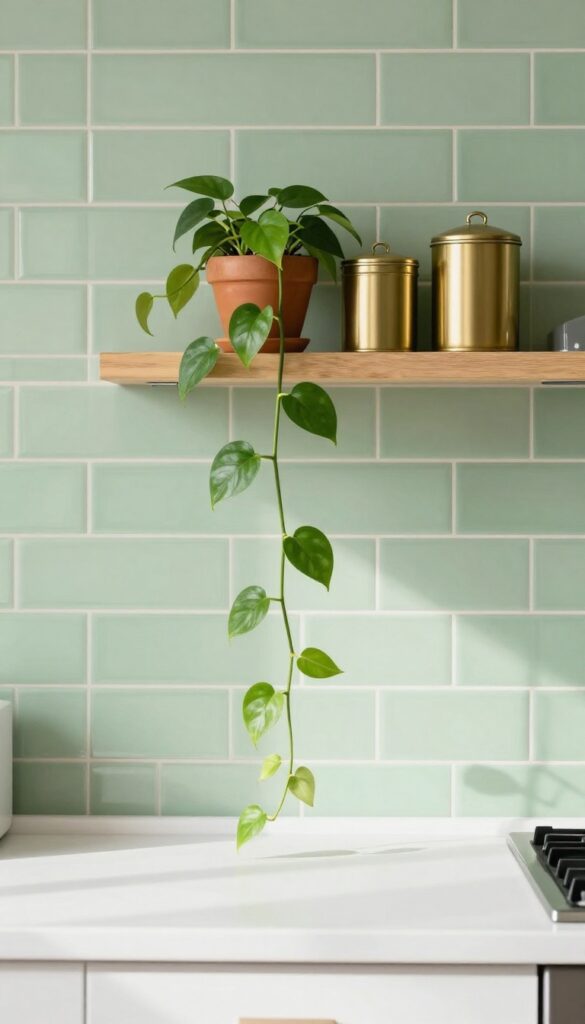 Open shelves with gold canisters and trailing green plants in a bright kitchen