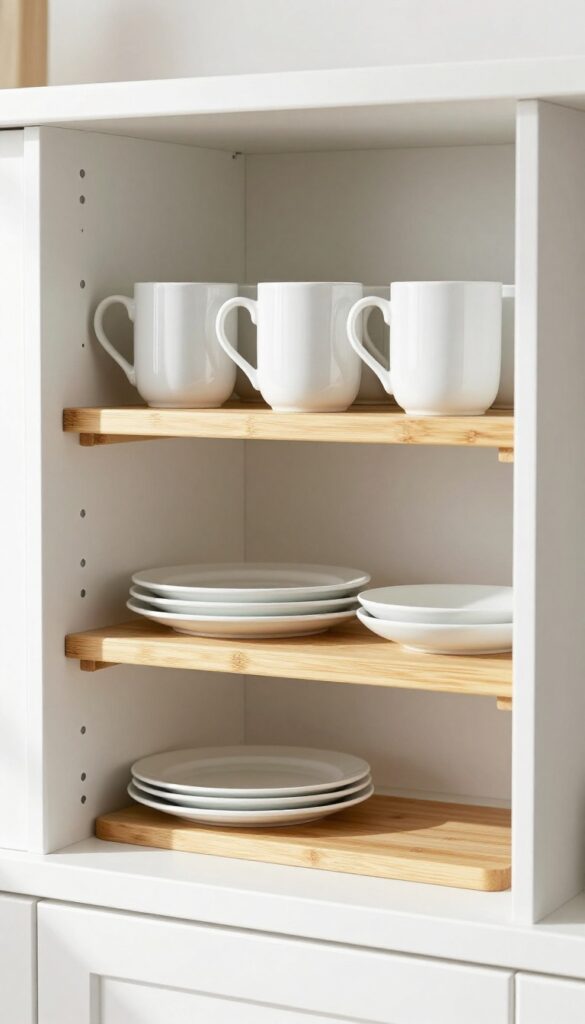 Kitchen cupboard with bamboo shelf risers organizing mugs and plates