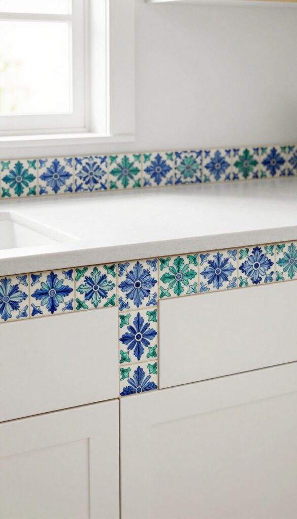 A close-up of a kitchen backsplash with hand-painted Indian tiles in blue and green floral patterns, set behind a stove, with white countertops and light wood cabinets.