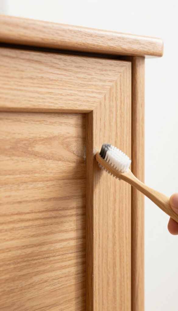 Soft toothbrush cleaning grooves and details of a wooden kitchen cabinet door