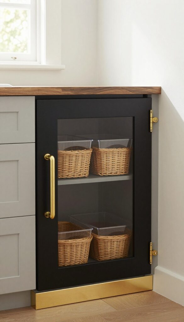 Matte black pantry door with brass hardware in a bright kitchen with grey cabinets and warm white walls, slightly open to reveal organized baskets inside.