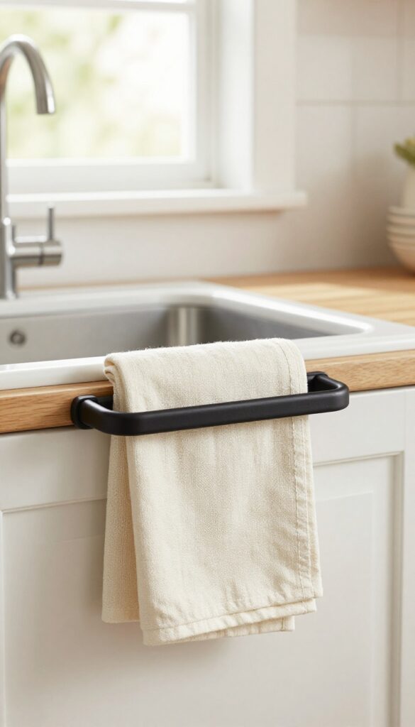 White farmhouse range hood with a matte black towel bar on the side, holding a folded cream linen towel, in a bright kitchen.