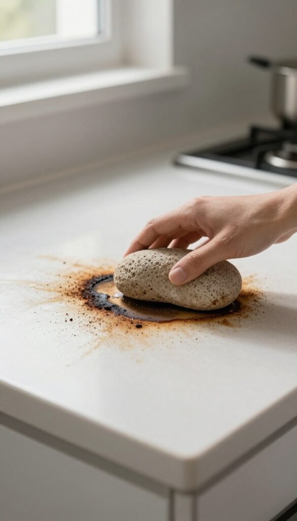 Pumice stone cleaning burnt spill on oven floor