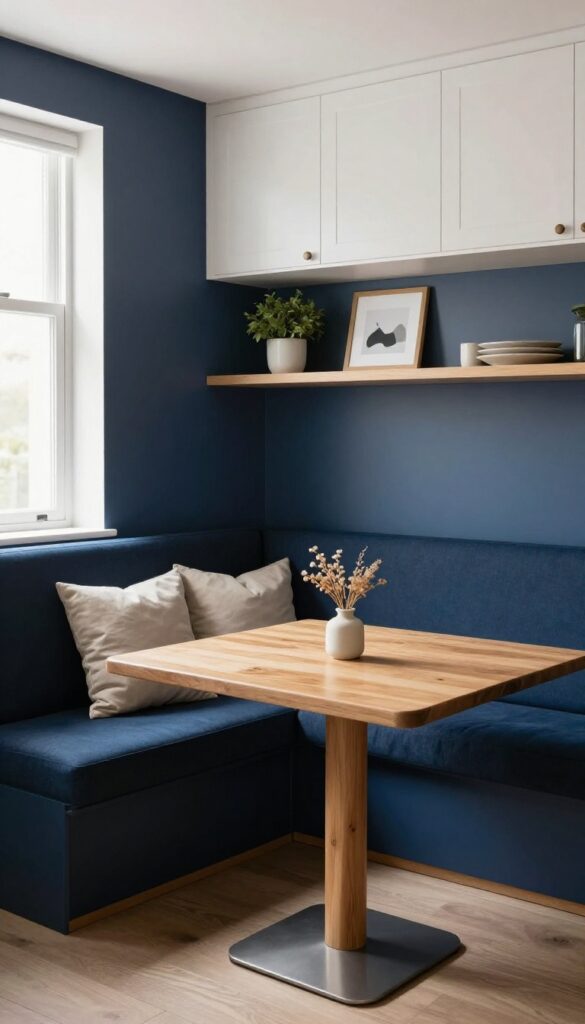 Cozy kitchen booth nook with navy accent wall, beige cushions, wooden table, floating shelf with plant, bright natural light