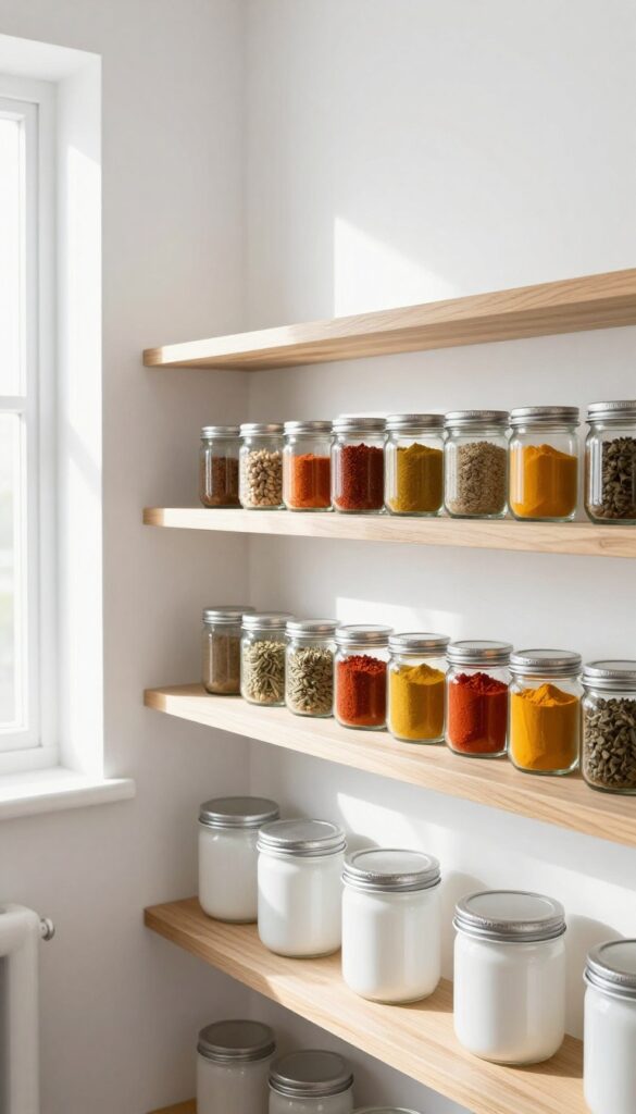 A wall-mounted spice rack in a pantry with uniform glass jars of colorful spices, neatly arranged on a slim shelf, with natural light illuminating the scene.