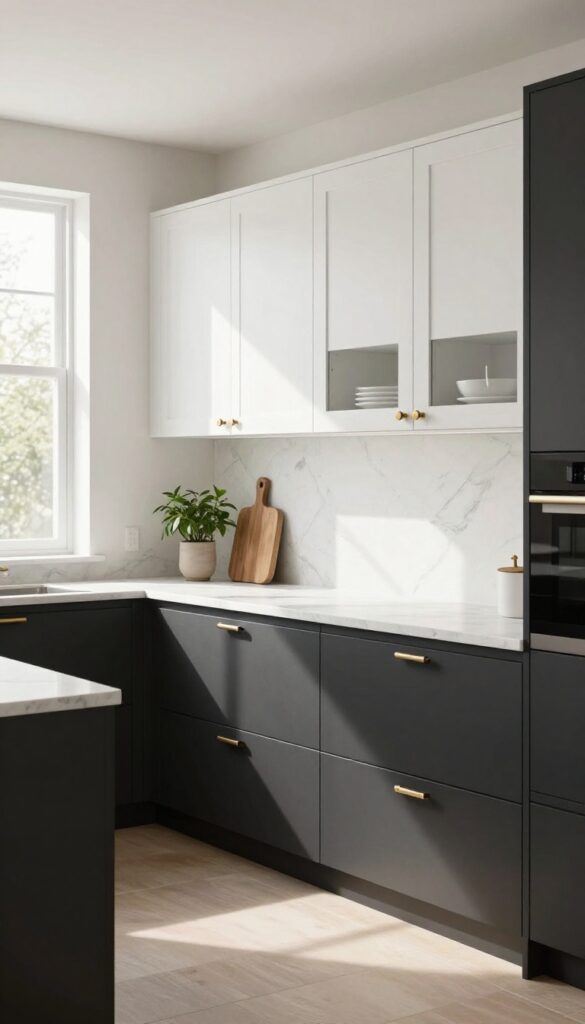 Modern kitchen with black lower cabinets and light upper cabinets, marble countertop, brass hardware, natural light, photorealistic.