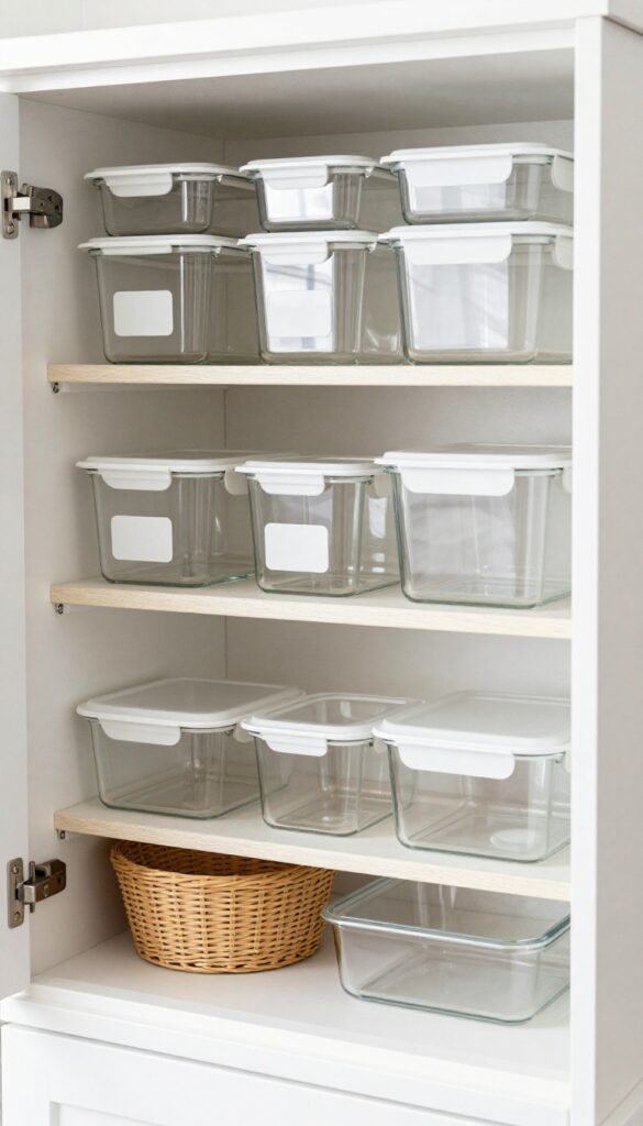 Deep kitchen cabinet with tiered shelf riser organizing food storage containers neatly on two levels, bright natural light, clean and airy look.