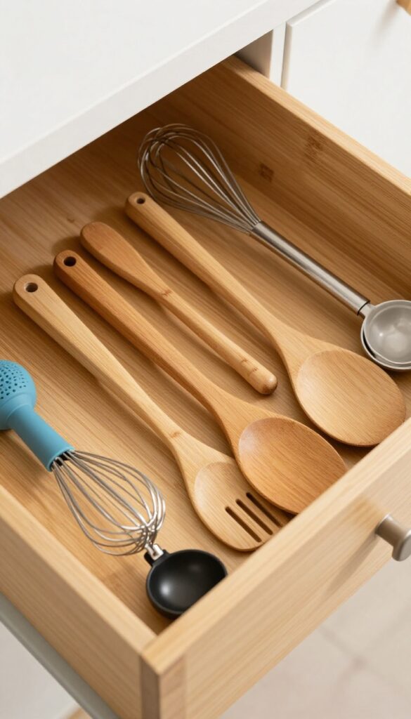 Open kitchen drawer with bamboo drawer inserts organizing utensils neatly.