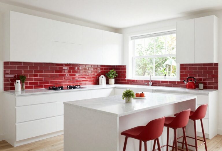 Bright kitchen with red backsplash and red bar stools