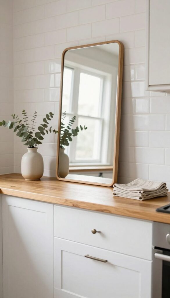 Small kitchen with a large leaning mirror reflecting natural light, warm wood shelves, and white cabinets