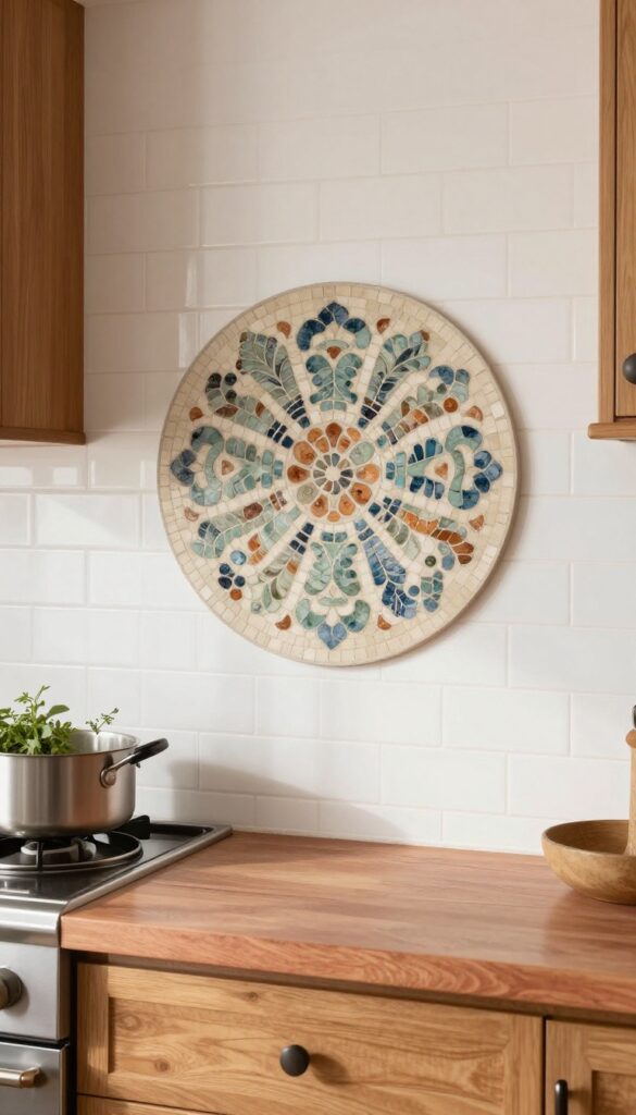 Mosaic medallion backsplash behind range in traditional kitchen with earthy tones and simple subway tile