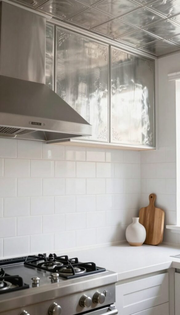 Close-up of a kitchen backsplash using tin ceiling tiles in brushed nickel, reflecting light behind a stove with white subway tile contrast.