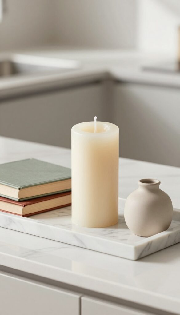 A marble tray on a kitchen counter with a candle, stacked books, and a small ceramic vase, styled as a still life.