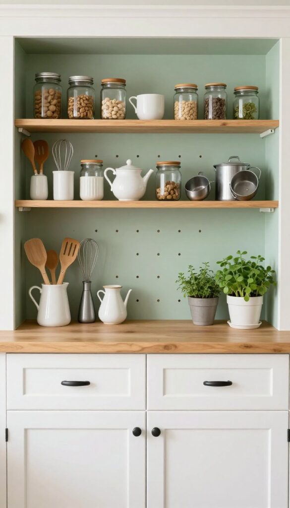 Farmhouse pantry with a sage green pegboard holding wooden utensils and ceramic tools, bright natural light, organized and cozy.