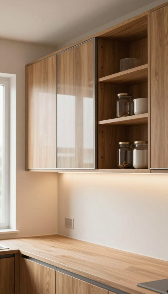 Modern kitchen with mirrored glass cabinet doors reflecting light and creating an airy, spacious feel