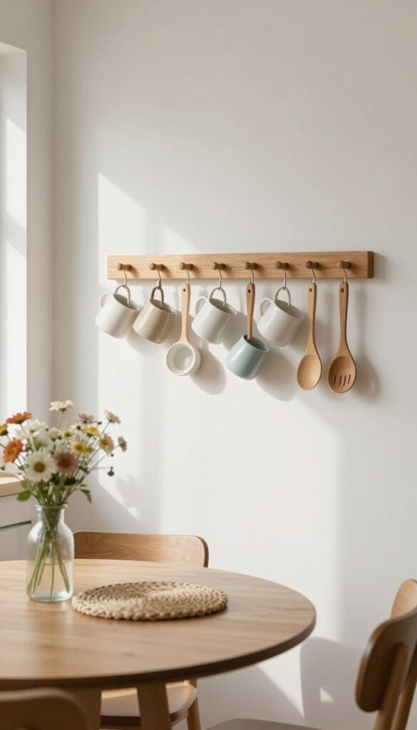 Kitchen eating area with wooden peg rail displaying mugs and utensils, bright natural light, cozy family vibe.