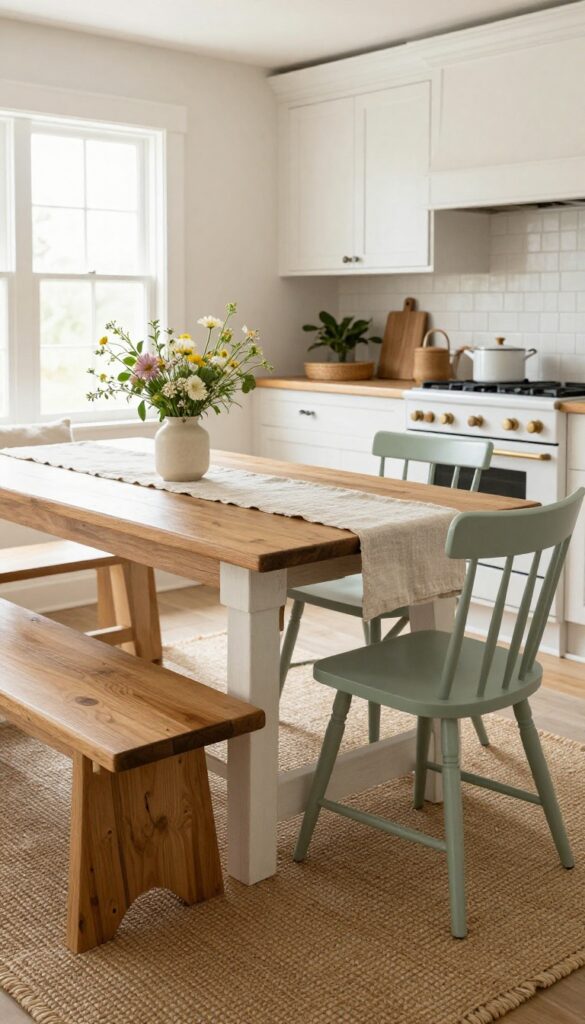 Farmhouse trestle table with mixed seating, bench and spindle-back chairs, light and airy kitchen decor