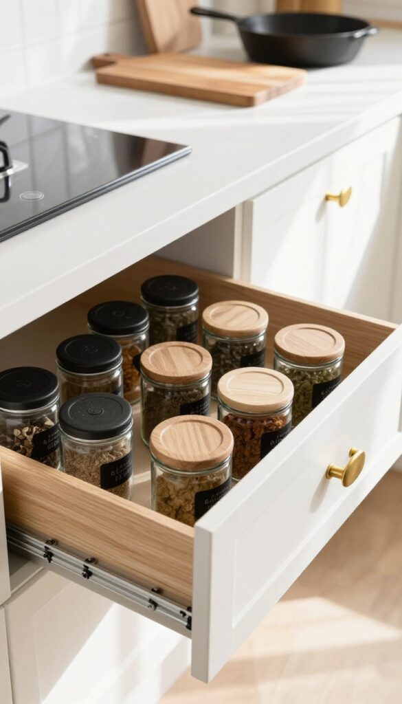 Open shallow drawer in kitchen island filled with neatly organized glass spice jars in a wooden insert, with cooktop visible in background.