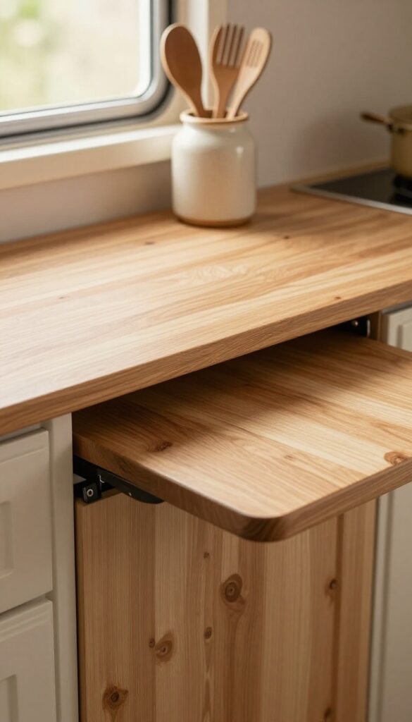 Foldable butcher block countertop extension in a small RV kitchen, providing extra prep space