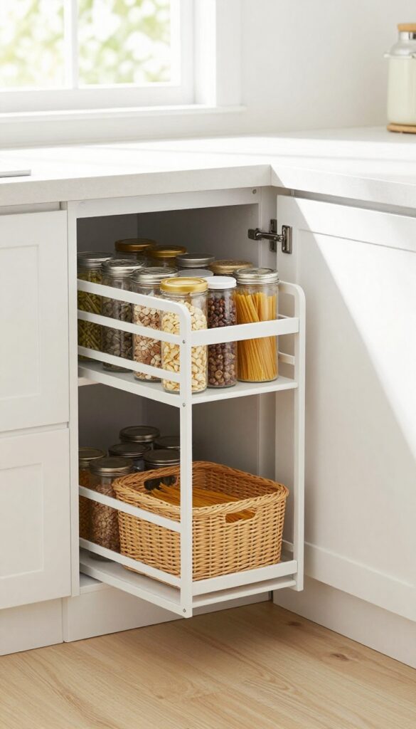 Pull-out pantry rack in a narrow kitchen gap between fridge and wall, organized with cans and spices in baskets.