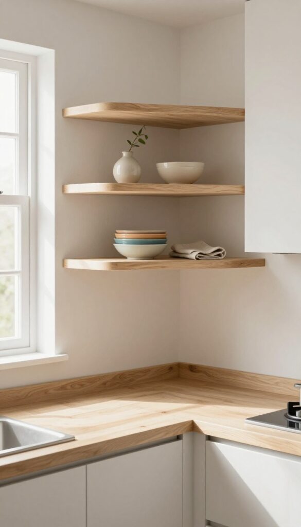 Open corner shelves in a bright kitchen with ceramic vase, bowls, and linen napkin