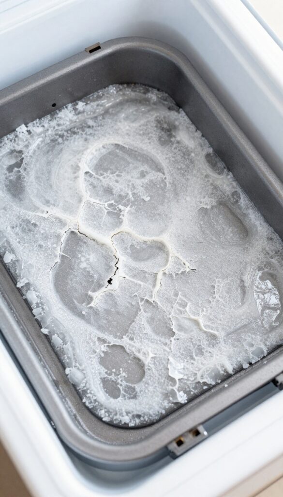 Air fryer basket in freezer with frozen grease flaking off