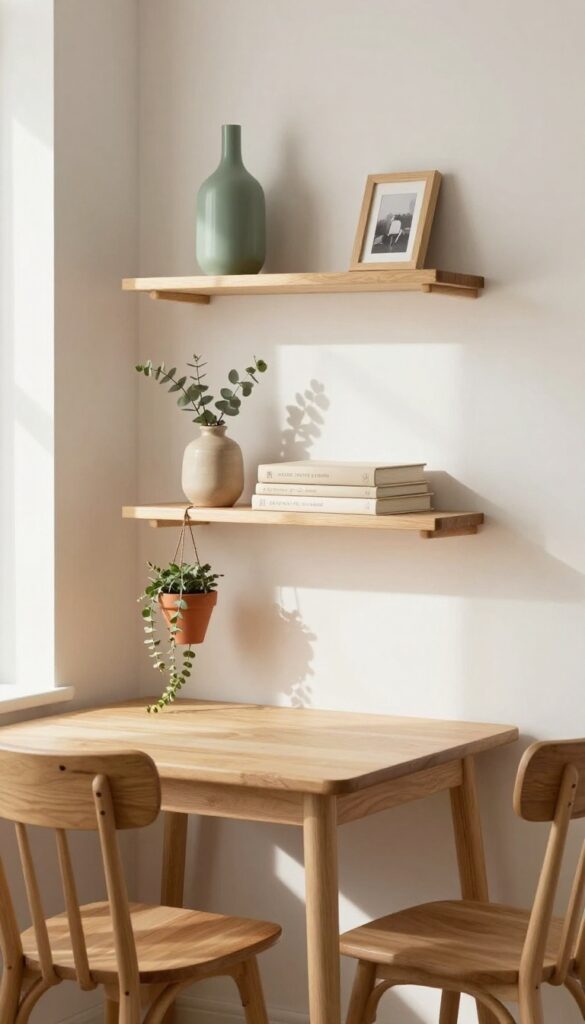 Floating shelves with layered decor above a kitchen table, featuring plants, cookbooks, and ceramic vases in neutral tones.