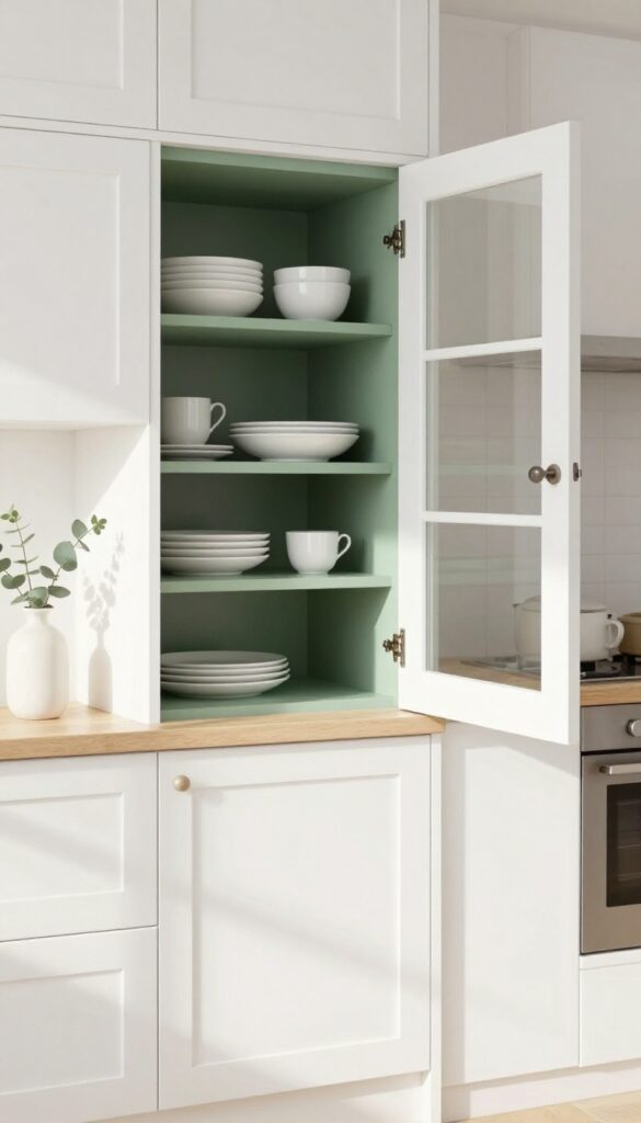 Open kitchen cabinet with sage green interior and white dishes