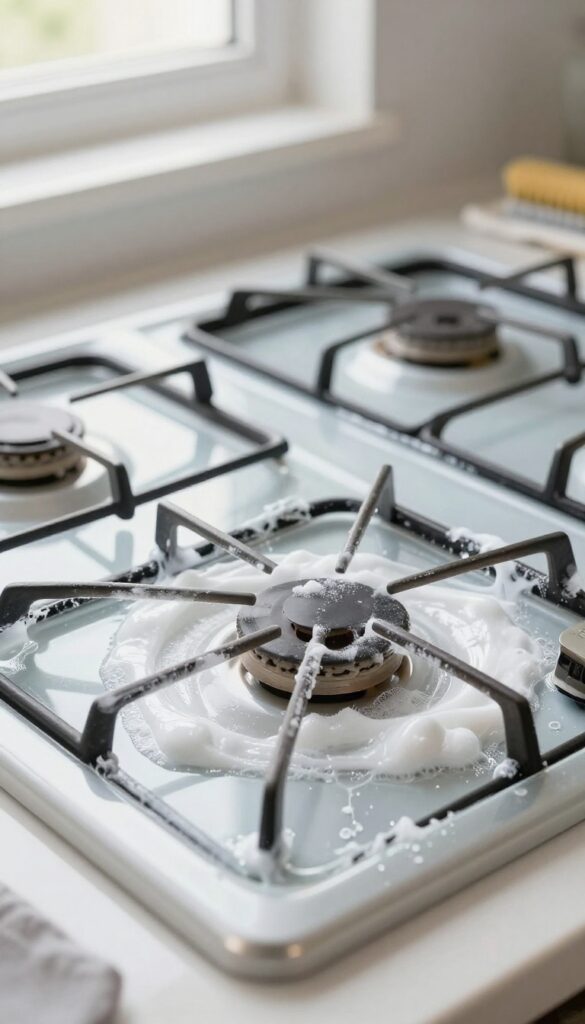 Baking soda and dish soap paste applied to a greasy stovetop for degreasing