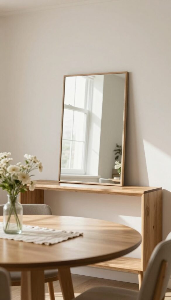Large mirror leaning on console table in small eat-in kitchen, reflecting window light to expand space