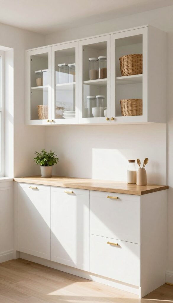 Small kitchen with tall white cabinets, glass-front doors, organized storage, and natural light