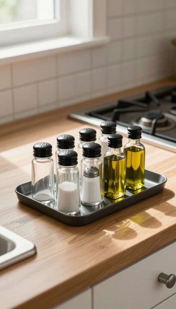 Metal tray with spice jars and olive oil on kitchen counter near stove