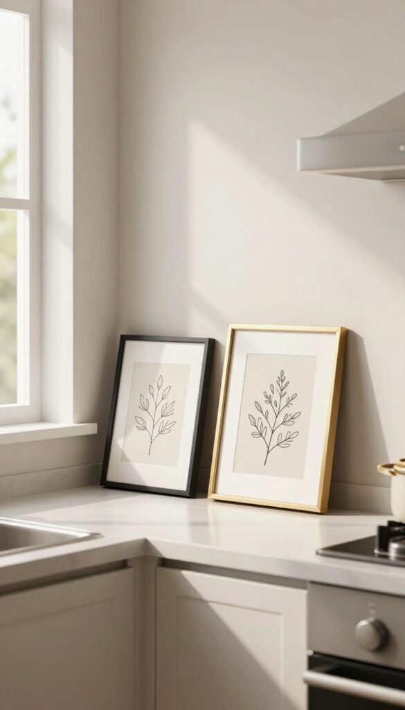 Two small framed prints leaning on a kitchen backsplash, one black frame and one brass frame, botanical line art, soft natural light, warm and lived-in atmosphere.