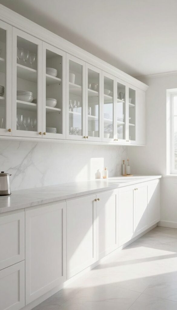 Long narrow kitchen with glass-front cabinets on one side, white dishes displayed, under-cabinet lighting, bright and airy