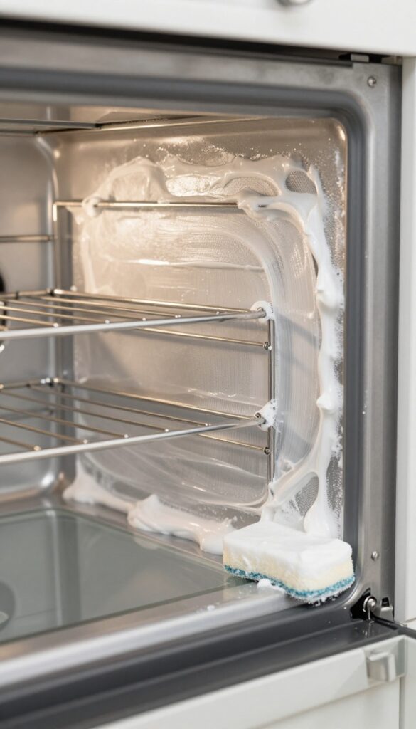 Applying baking soda paste to clean oven interior