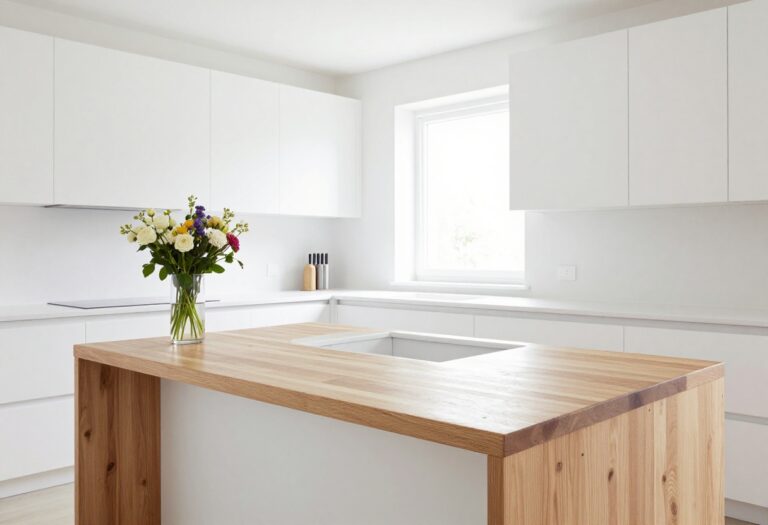 Kitchen island with butcher block countertop and built-in knife slots in a bright, modern kitchen