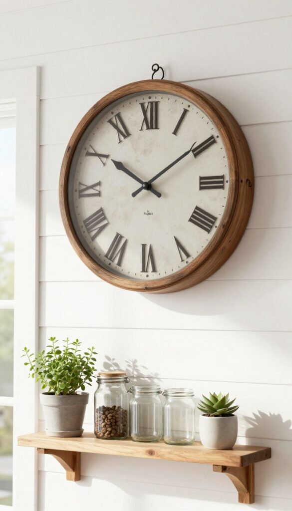 Farmhouse wall clock with rustic wood frame and Roman numerals on shiplap wall in bright kitchen