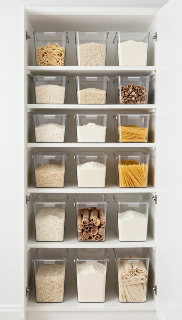Stackable clear bins in a small pantry holding bulk food items, neatly organized on shelves.