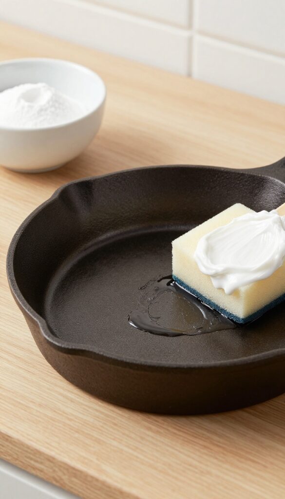 Baking soda paste being applied to a cast iron skillet to remove sticky residue