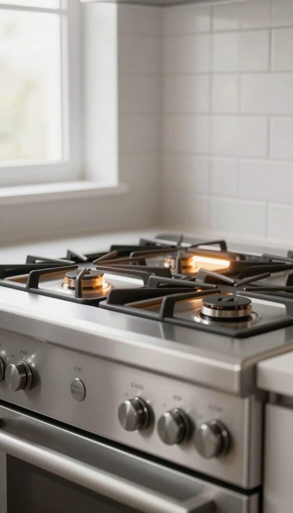 Under-cabinet lighting above a kitchen range highlighting the stove area and backsplash