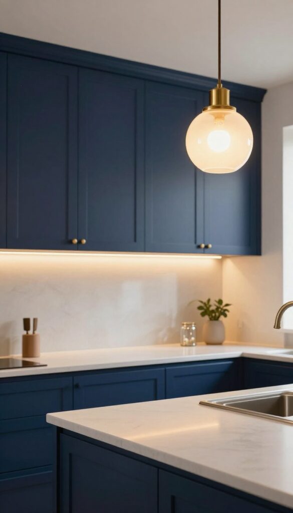 Navy blue kitchen with layered brass and glass lighting, warm glow, cozy atmosphere