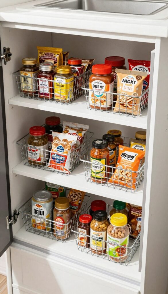 Open wire baskets in a small RV pantry, allowing light to flow through and creating an airy, organized look.