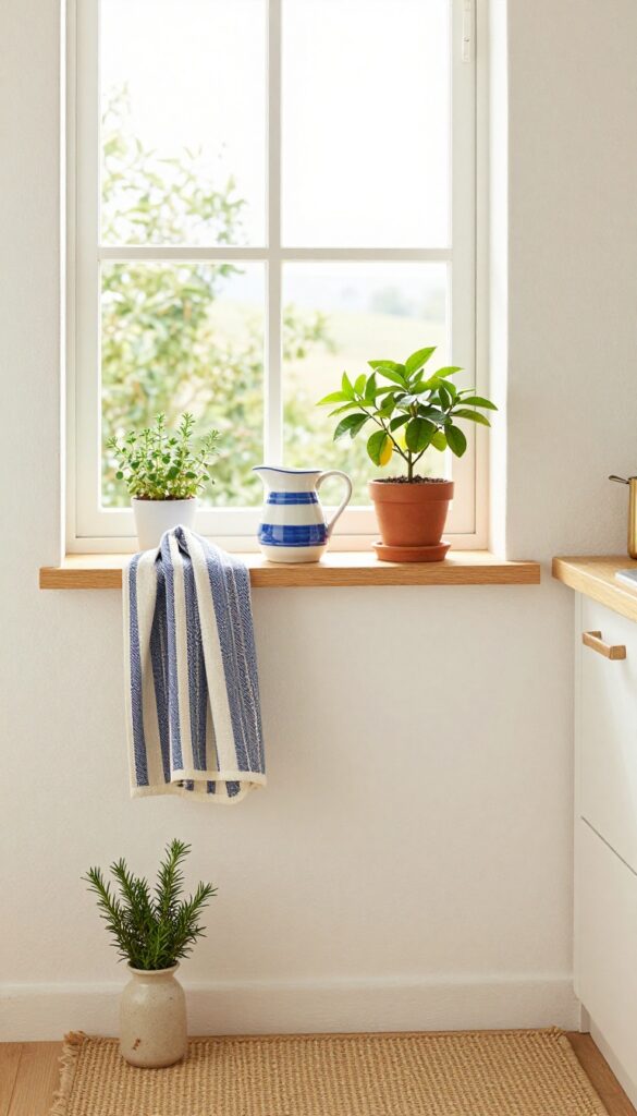 A cozy Mediterranean balcony with blue and white decor, lemon tree, and herbs in a rental kitchen setting.