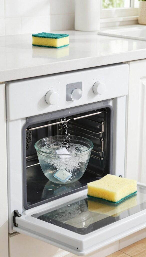 Dishwasher tablet dissolving in a bowl of warm water on a kitchen counter, with a sponge nearby, ready for cleaning an oven.
