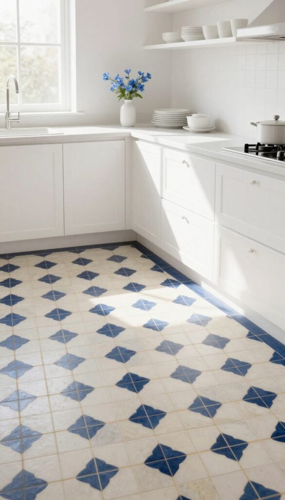 Bright kitchen with white cabinets and a blue and gold patterned tile floor, light and airy.
